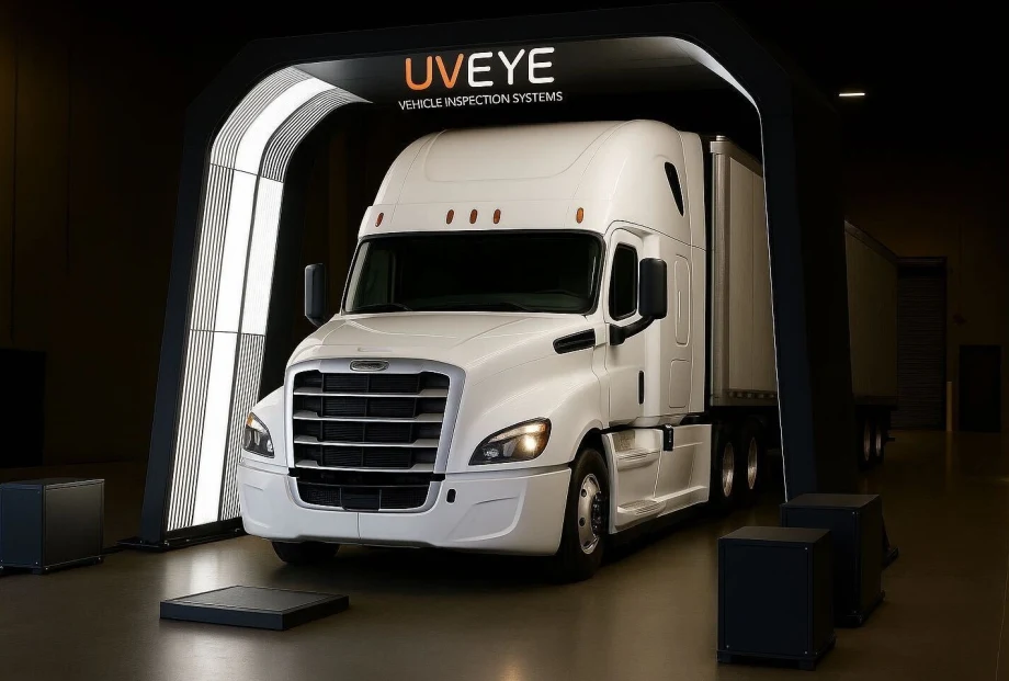 Photo of Freightliner truck driving through a futuristic-looking UVeye scanner