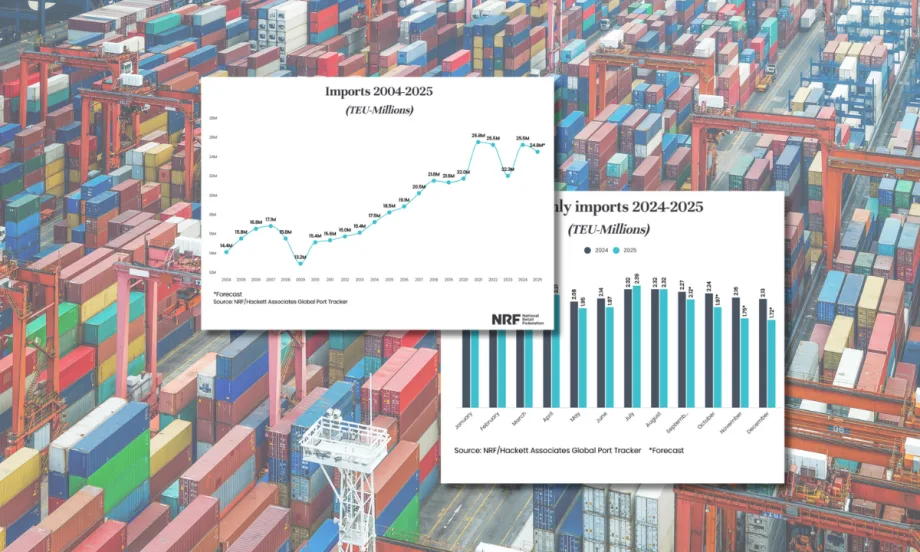 Illustration of cargo containers and graphs showing import trends