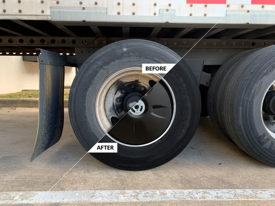 Diagonally split before-and-after image showing a trailer wheel with an exposed rim and with a black FlowBelow aerodynamic wheel cover installed.