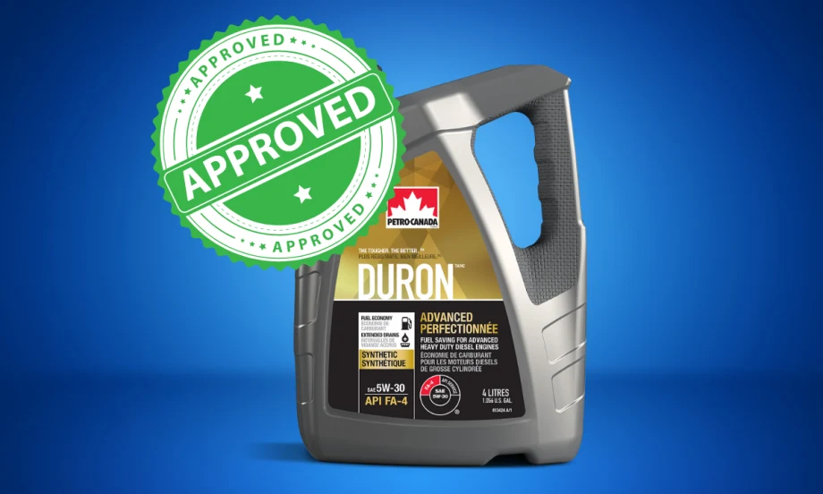 Image of a Petro-Canada Lubricants Duron Advanced 5W-30 container with an “Approved” stamp, highlighting its new Volvo and Mack engine approvals.
