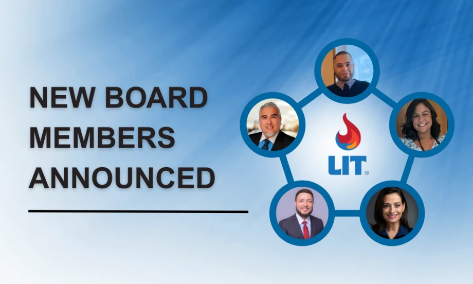 Graphic announcing new Latinos In Transit board members, featuring five headshots arranged around the LIT logo on a blue background with the text “New Board Members Announced.”
