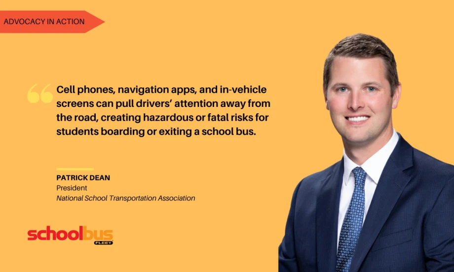 Quote graphic featuring Patrick Dean of NSTA with a message about driver distraction risks near school buses.