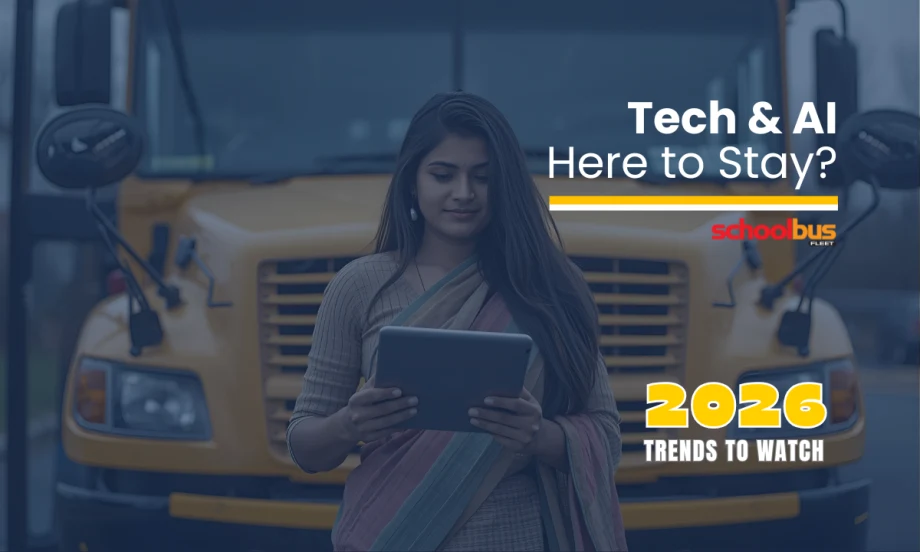 a woman stands in front of a school bus holding a tablet