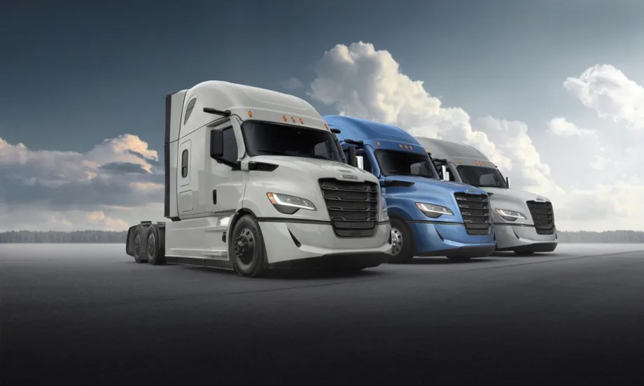 Three Freightliner fifth-generation Cascadia trucks are shown parked in a lineup, highlighting exterior design and aerodynamic styling.