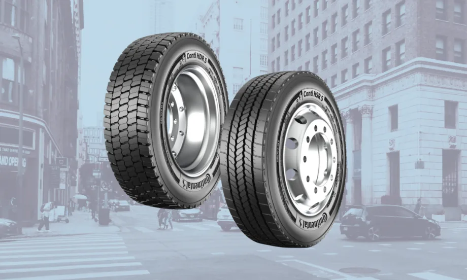 Illustration of new Continental truck tires with urban background