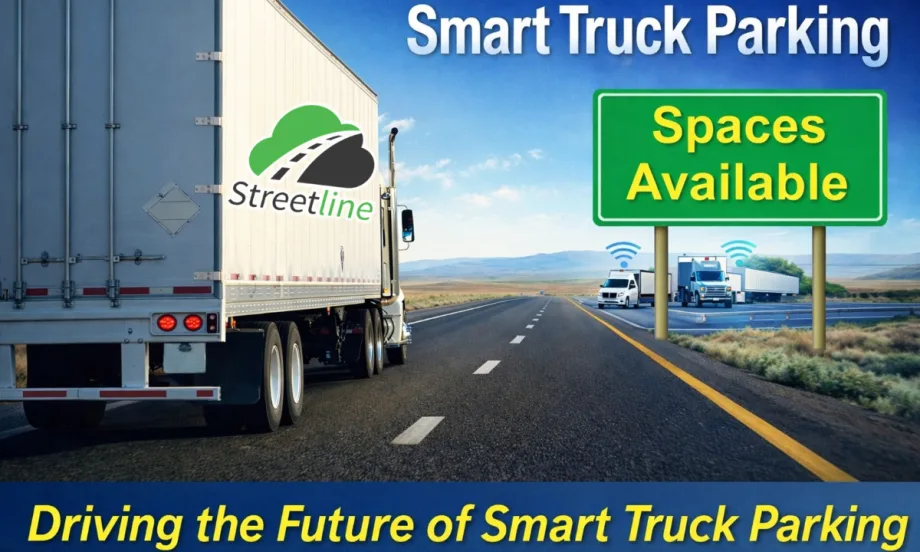 Graphic showing smart truck parking technology with a highway sign reading “Spaces Available” and the Streetline logo.
