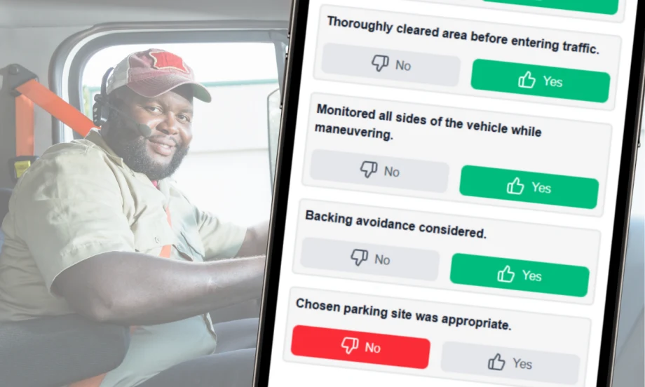 Truck driver behind wheel with superimposed mobile driver assessment from Smith System