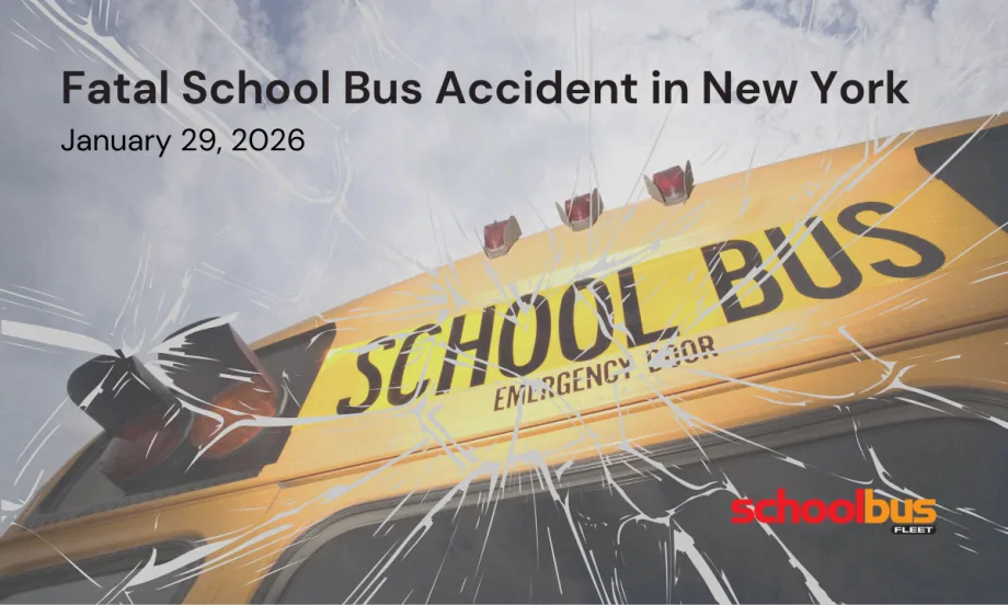 Fatal School Bus Accident in New York graphic dated Jan. 29, 2026, showing a close-up of a yellow school bus with cracked-glass overlay and School Bus Fleet logo.