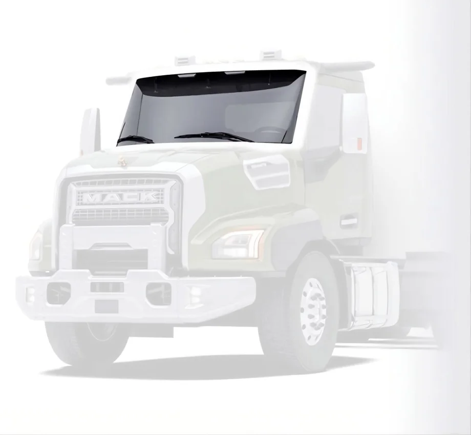 Front view of a Mack Granite heavy-duty truck featuring the new ImpactShield windshield with Corning Fusion5 Glass technology.