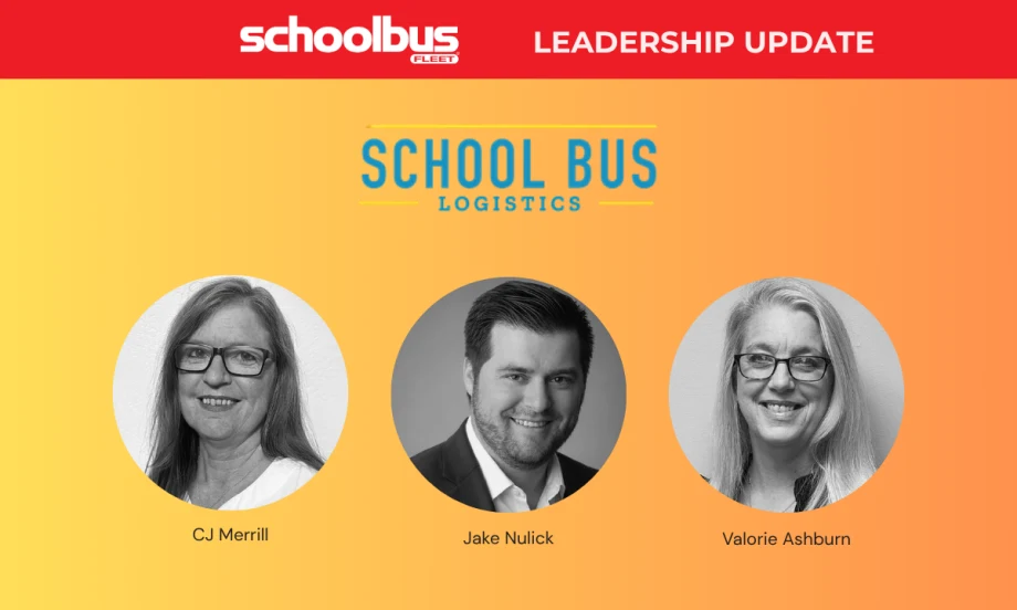 School Bus Fleet leadership update graphic featuring the School Bus Logistics logo and headshots of three newly hired software data analysts: CJ Merrill, Jake Nulick, and Valorie Ashburn.