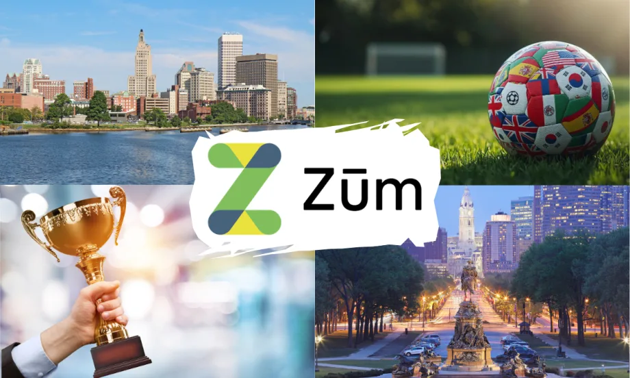 Collage graphic featuring the Zūm logo surrounded by images representing the company's recent milestones: the Providence, Rhode Island skyline; a soccer ball decorated with international flags symbolizing FIFA World Cup 2026 transportation services; a trophy representing CEO Ritu Narayan's Entrepreneur Of The Year award; and the Philadelphia skyline.