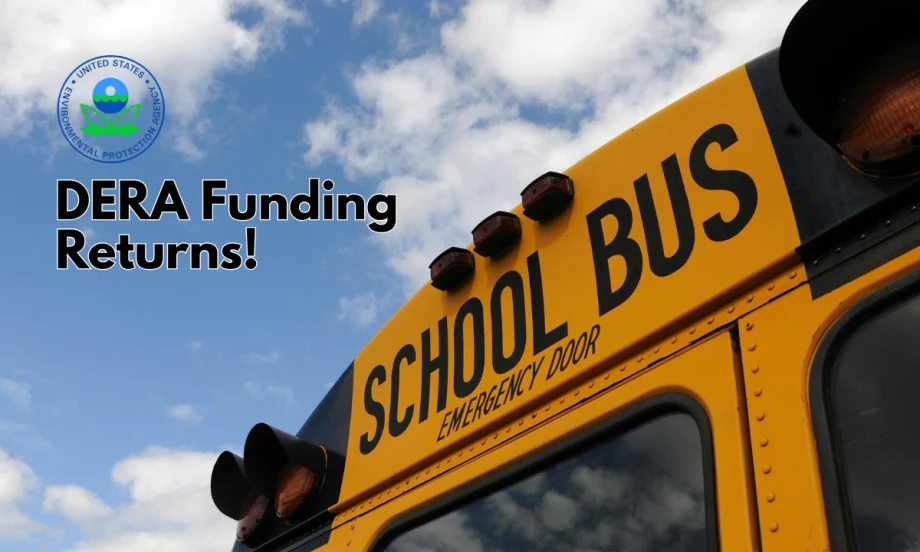 EPA DERA funding graphic featuring a yellow school bus beneath a blue sky with the EPA logo and the words “DERA Funding Returns!”