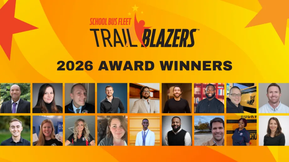 School Bus Fleet Trailblazers 2026 award winners collage featuring headshots of transportation leaders recognized for innovation and leadership in student transportation.