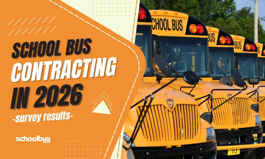 Row of yellow school buses parked side by side beside graphic text reading “School Bus Contracting in 2026 – Survey Results.”