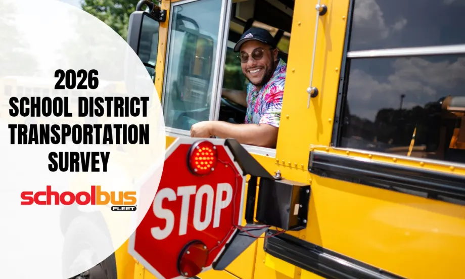 School Bus Fleet's 2026 School District Transportation Survey graphic features a smiling school bus driver leaning out of a yellow bus beside its extended stop arm, with the survey title and publication logo.