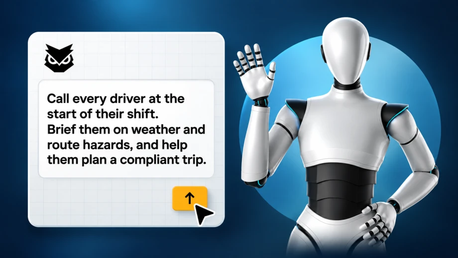 Illustration of silver robot waving his hand and a Samsara AI prompt on screen to call drivers
