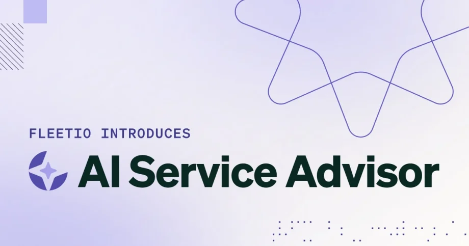 A purple and white Fleetio graphic with text reading "Fleetio Introduces AI Service Advisor."