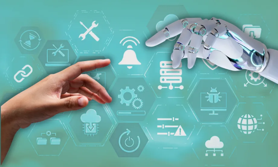 Cloud computing concept background with human and robot hands concept