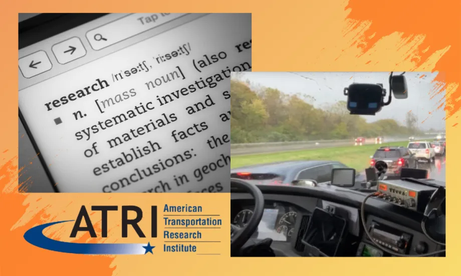 Illustration of inside truck cab with dashcam on window, definition of research, and ATRI logo