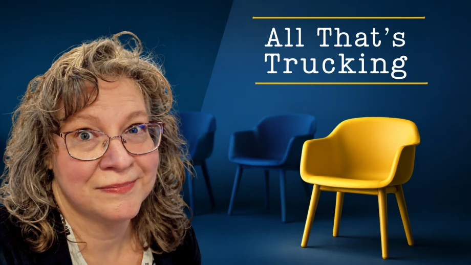 Illustration with author's face, the words "All That's Trucking," and an empty chair