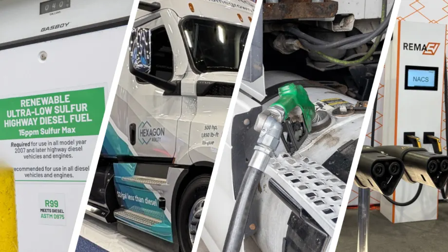 Collage of fuel options for trucks - renewable diesel, renewable natural gas, diesel, and electric