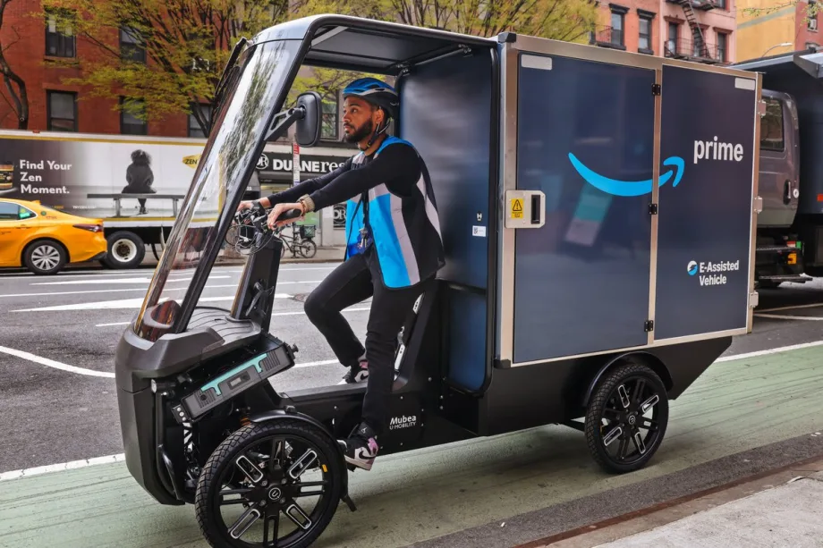 Amazon electric cargo bike on New York City street