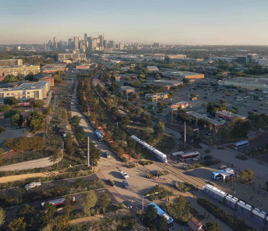 An overhead rendering of the Austin Transit Partnership rail system.
