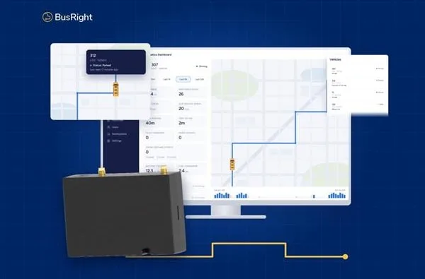 BusRight telematics graphic showing a GPS tracking device alongside a digital fleet management dashboard with school bus routes, vehicle information, and a map.