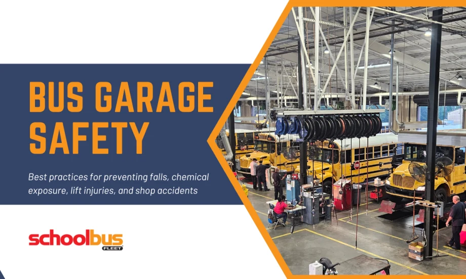 School bus maintenance garage with multiple buses in service bays and technicians at work, alongside text highlighting bus garage safety best practices.