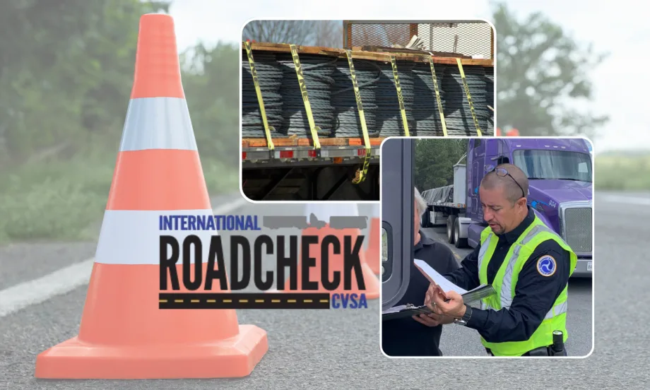 Illustration with safety cones in background, Roadcheck logo, cargo tiedowns, and officer checking driver logs