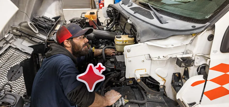 A man working on a truck engine.