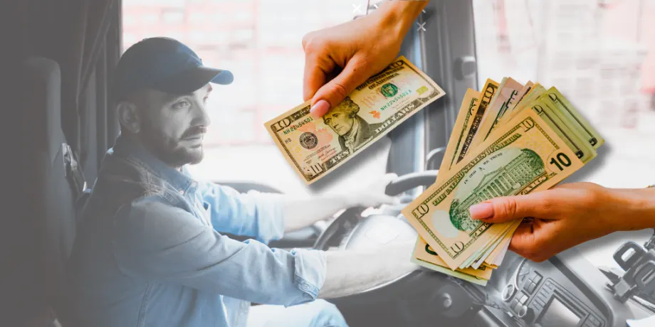 Truck driver behind the wheel with illustration overlaid of someone handing out cash