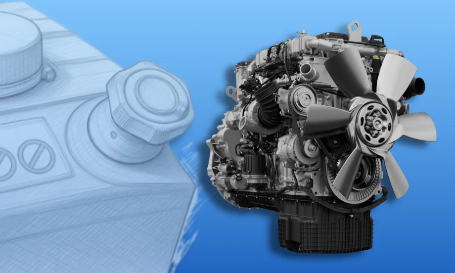Illustration of Detroit engine with sketch of DEF tank in background.