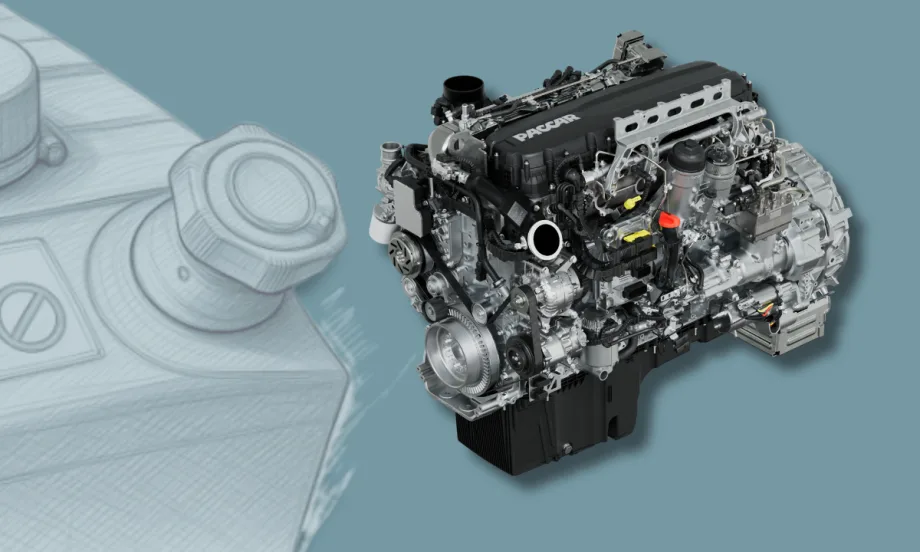 Illustration showing Paccar MX engine with sketch illustration of DEF fill tank in background