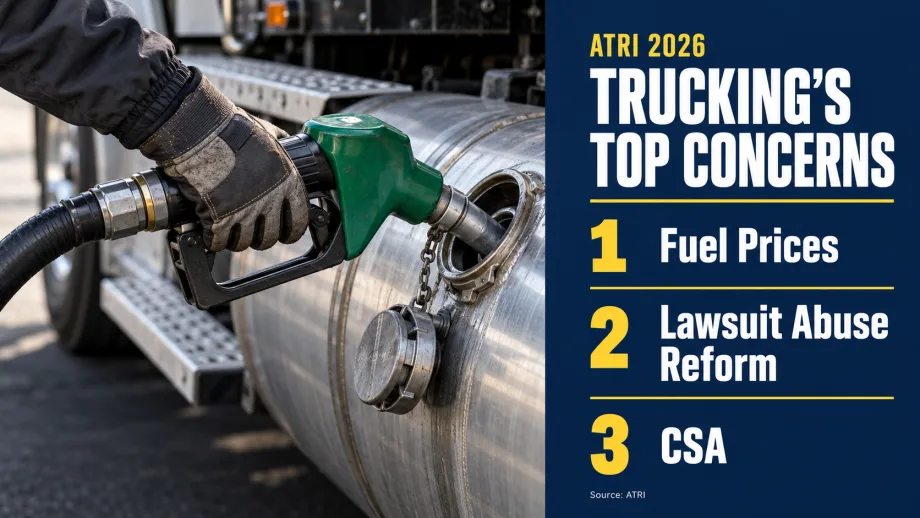 Gloved hand fueling a truck beside a graphic listing ATRI’s top three trucking concerns for 2026: fuel prices, lawsuit abuse reform and CSA.