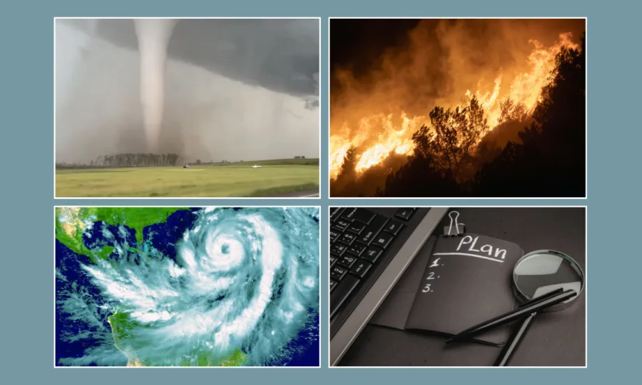 Composite image of tornado, fire, hurricane, and plan