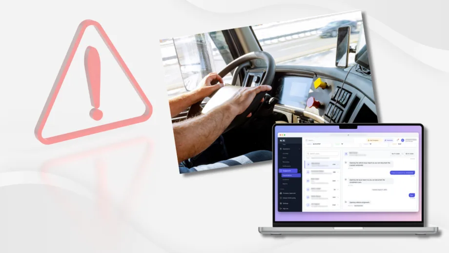 Illustration with driver behind the wheel, an alert sign, and a laptop