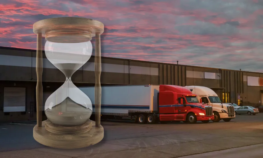 Illustration of hourglass and trucks backed up to a dock