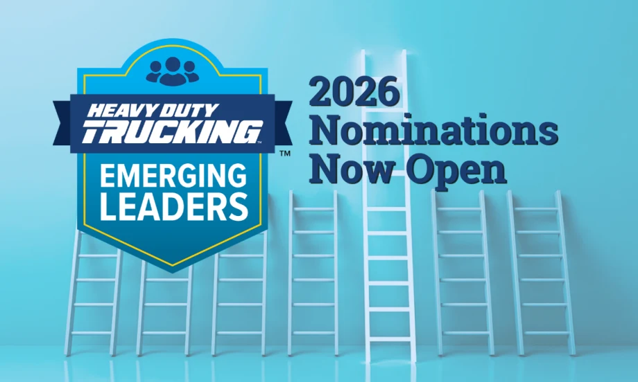 Illustration showing ladders against a blue background with Heavy Duty Trucking Emerging Leaders logo and the words "2026 nominations now open"