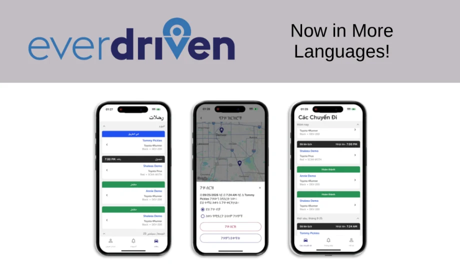 EverDriven app displayed on three smartphones in multiple languages, highlighting expanded language options for families using the student transportation platform.
