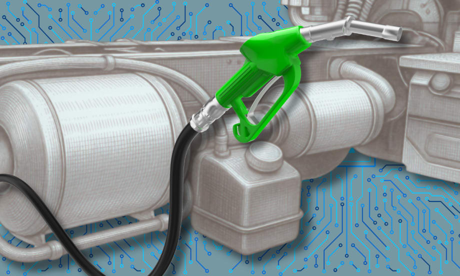 Illustration of exhaust aftertreatment system on an AI-inspired blue background and a green fuel pump nozzle in the foreground.