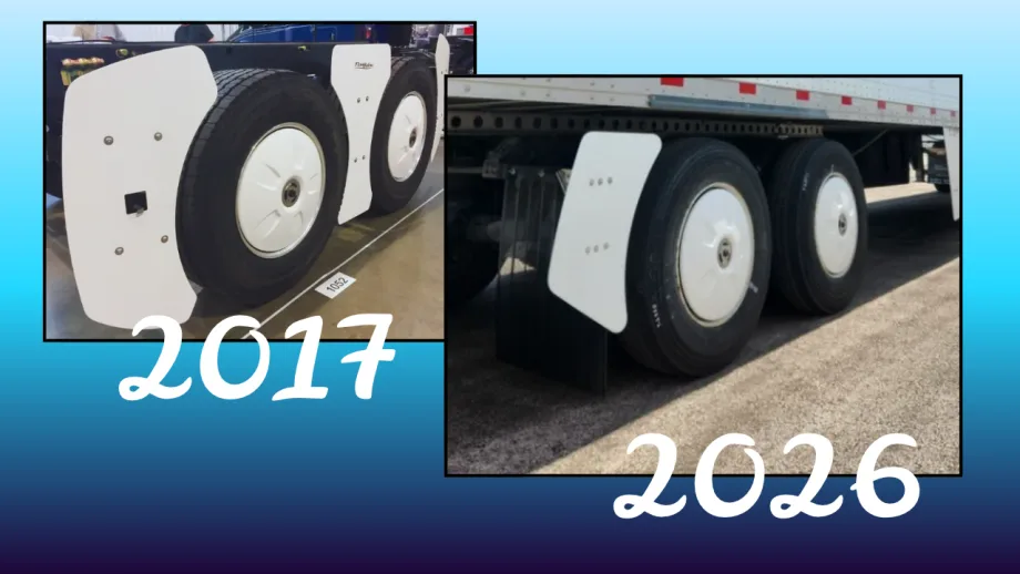 FlowBelow AeroSlider comparison showing the 2017 design with fairings between and behind the tandem wheels and the 2026 version with only rear fairings.