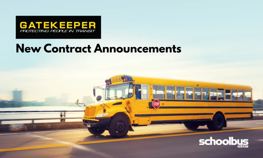Graphic announcing Gatekeeper contract news featuring a yellow school bus driving along a waterfront roadway, with “New Contract Announcements” text and Gatekeeper branding displayed prominently.