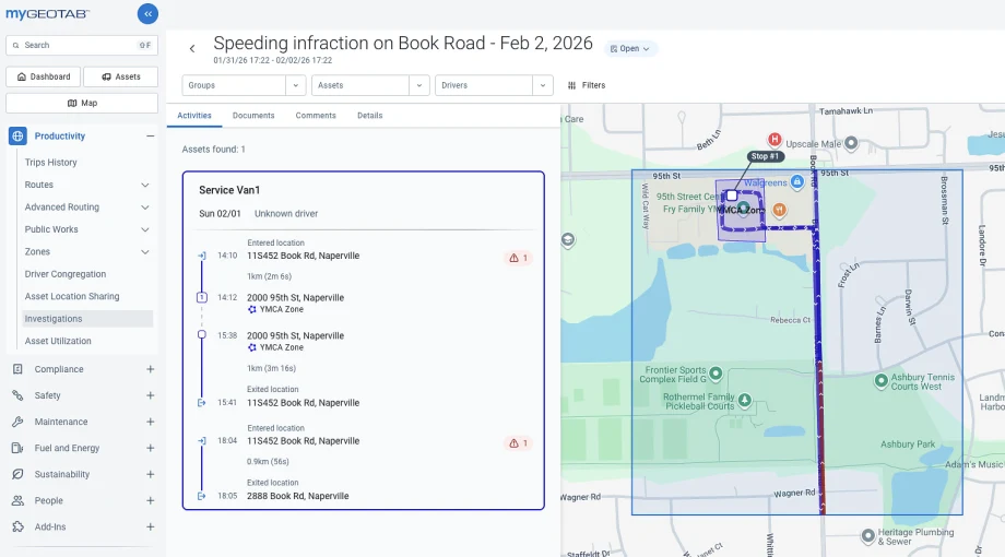 Screen shot of Geotab Investigations dashboard
