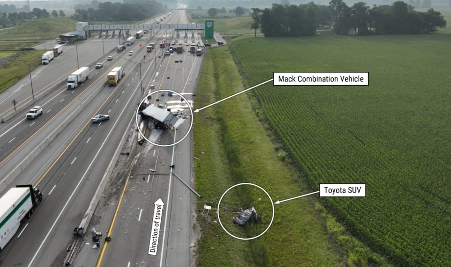 View of the crash scene with the crash location, high- and low-speed lanes, direction of travel, gore area, and concrete barrier annotated