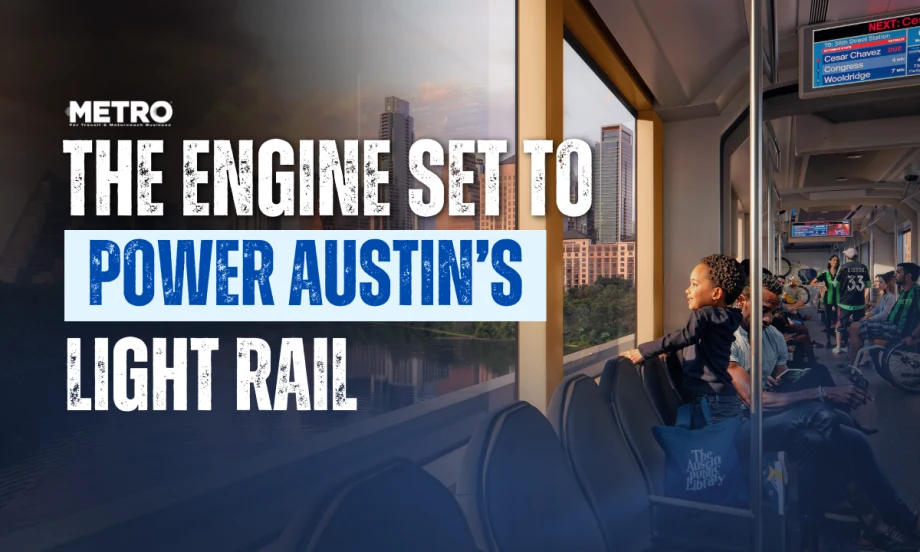 A rendering of a child looking out the window of a light rail car with a city skyline in the background.