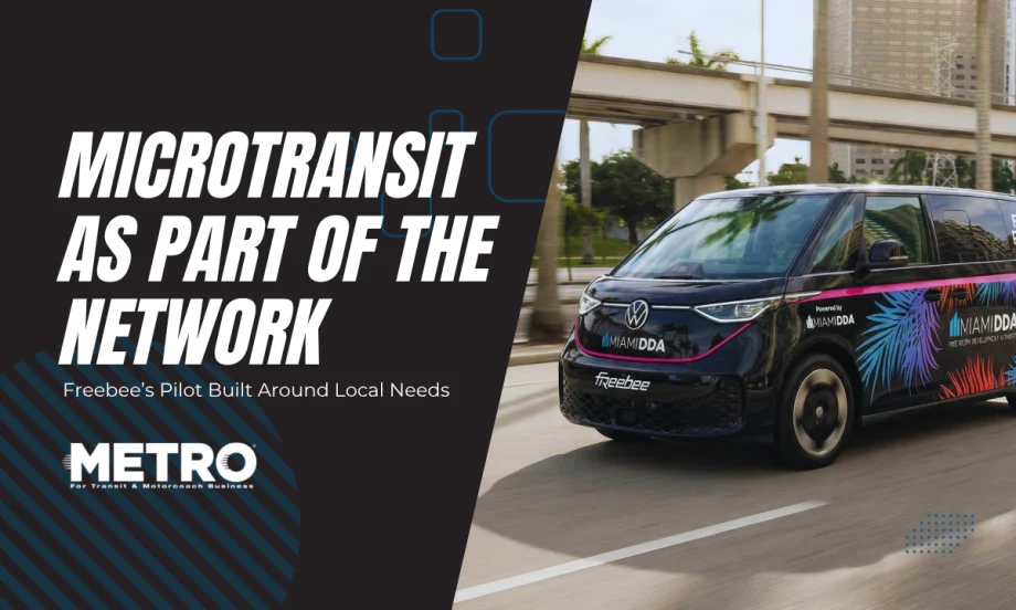 A Freebee microtransit van in Miami with text reading "Microtransit as Part of the Network."