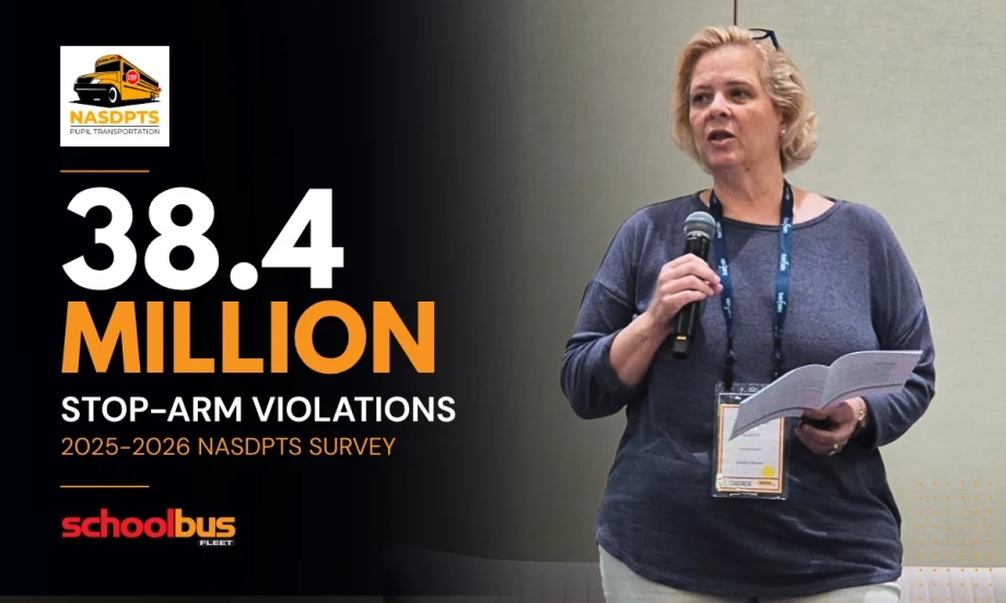 Graphic for a School Bus Fleet news story featuring the NASDPTS logo, a speaker presenting with a microphone, and the headline, "38.4 Million Stop-Arm Violations," highlighting annual illegal school bus passing estimates.