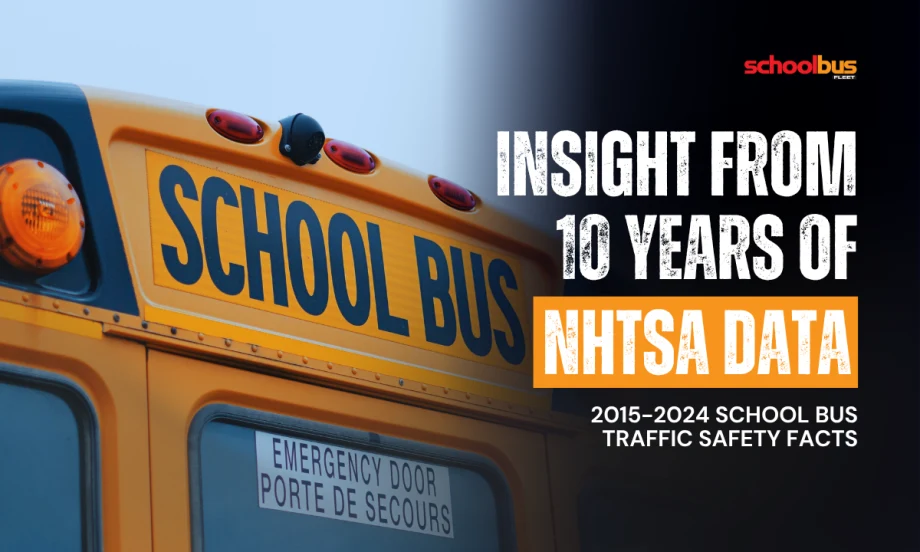 A close up detail of the back of a school bus with text reading "Insight From 10 Years of NHTSA Data."