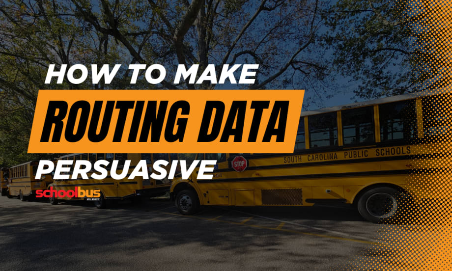 A South Carolina Public Schools school bus lineup with text reading "How To Make Routing Data Persuasive."